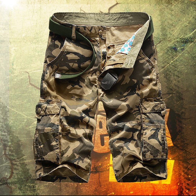 Men's camo multi-pocket cargo shorts shown in multiple sizes