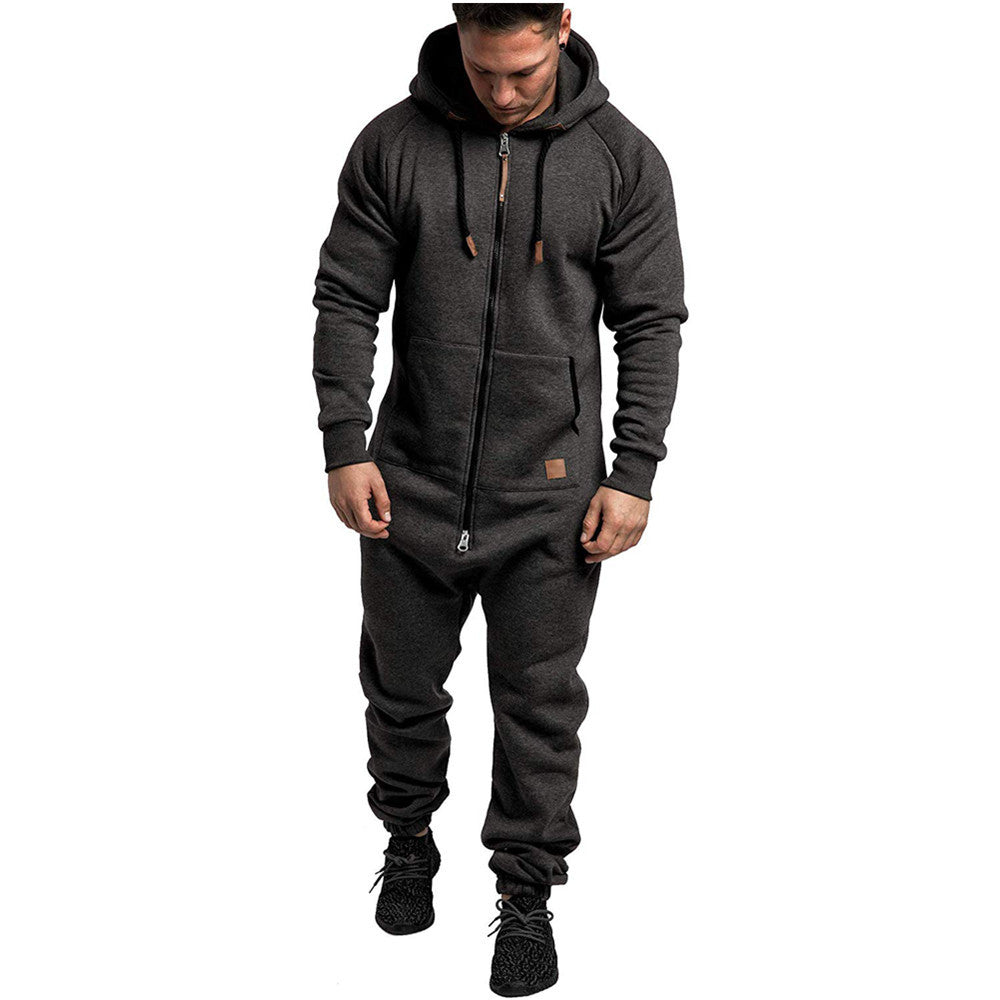 Men's Hooded Fleece Jumpsuit – Full-Zip One-Piece with Pockets, Relaxed Fit for Fall & Winter