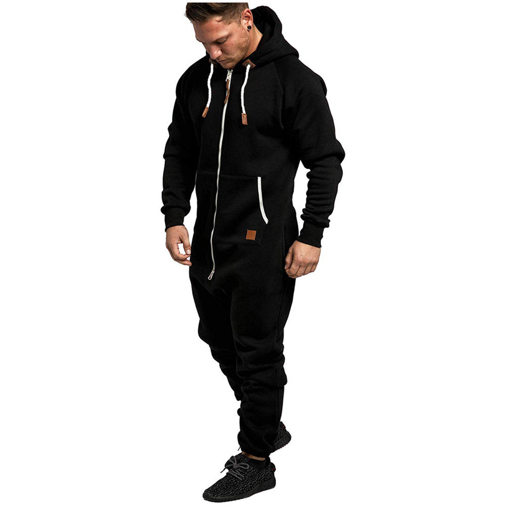 Men's Hooded Fleece Jumpsuit – Full-Zip One-Piece with Pockets, Relaxed Fit for Fall & Winter