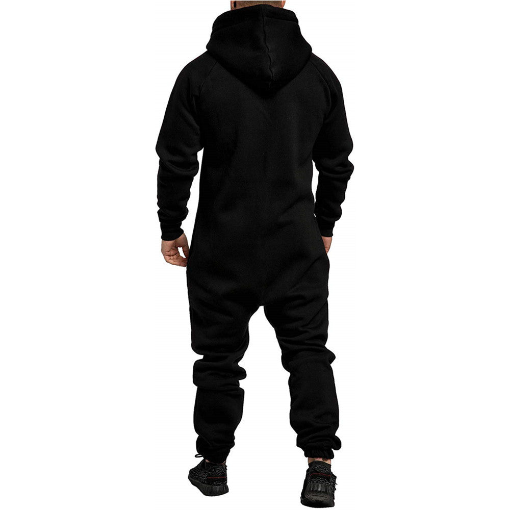 Men's Hooded Fleece Jumpsuit – Full-Zip One-Piece with Pockets, Relaxed Fit for Fall & Winter