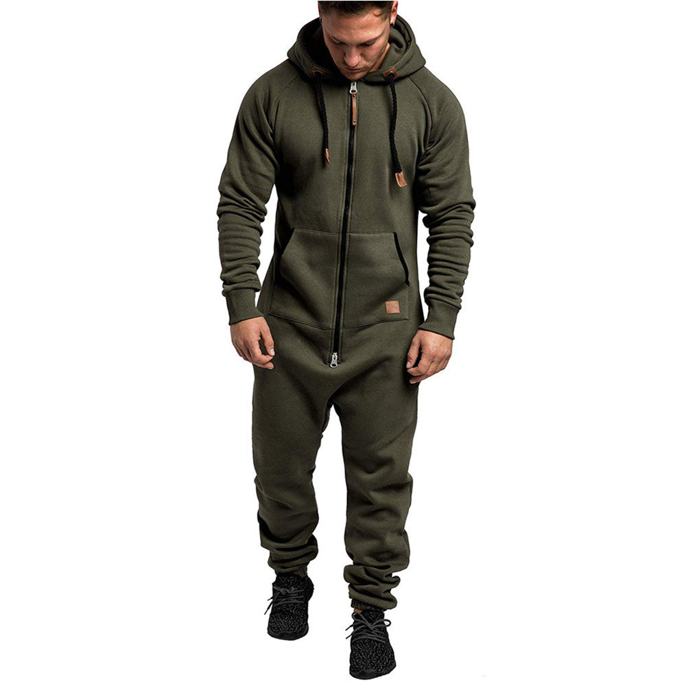 Men's Hooded Fleece Jumpsuit – Full-Zip One-Piece with Pockets, Relaxed Fit for Fall & Winter
