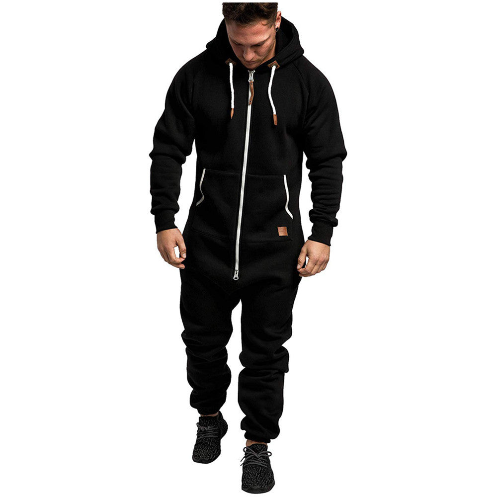 Men's Hooded Fleece Jumpsuit – Full-Zip One-Piece with Pockets, Relaxed Fit for Fall & Winter