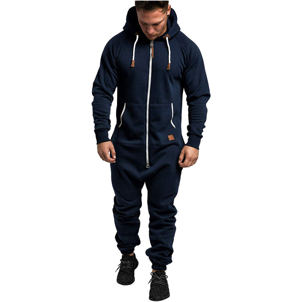 Men's Hooded Fleece Jumpsuit – Full-Zip One-Piece with Pockets, Relaxed Fit for Fall & Winter