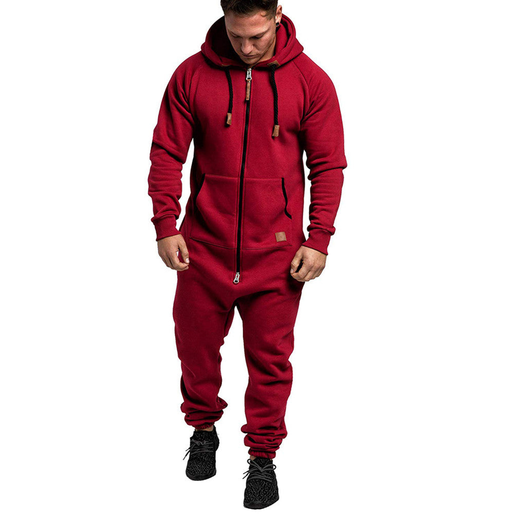 Men's Hooded Fleece Jumpsuit – Full-Zip One-Piece with Pockets, Relaxed Fit for Fall & Winter