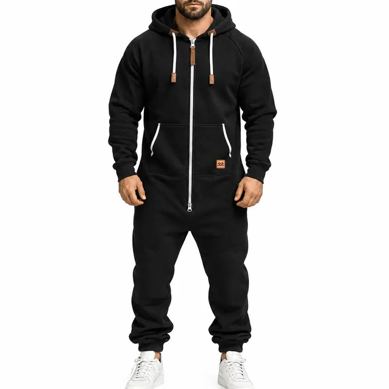Men's Hooded Fleece Jumpsuit – Full-Zip One-Piece with Pockets, Relaxed Fit for Fall & Winter