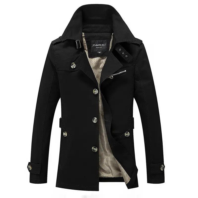 Men's Single-Breasted Long Pea Coat, Slim Fit Turn-Down Collar Overcoat