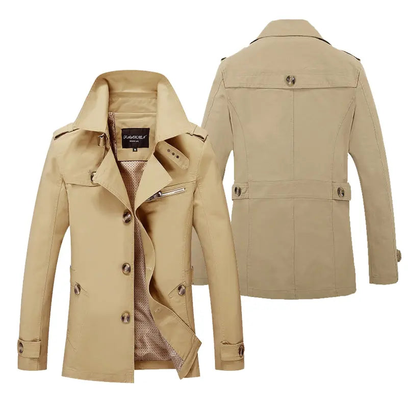 Men's Single-Breasted Long Pea Coat, Slim Fit Turn-Down Collar Overcoat