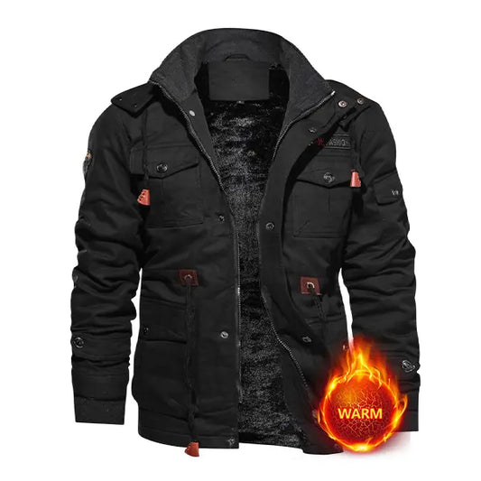 Men's Hooded Fleece-Lined Work Jacket – Thick Warm Winter Outdoor Coat with Zipper & Snap Closure, Multi-Pocket Wind-Resistant Workwear