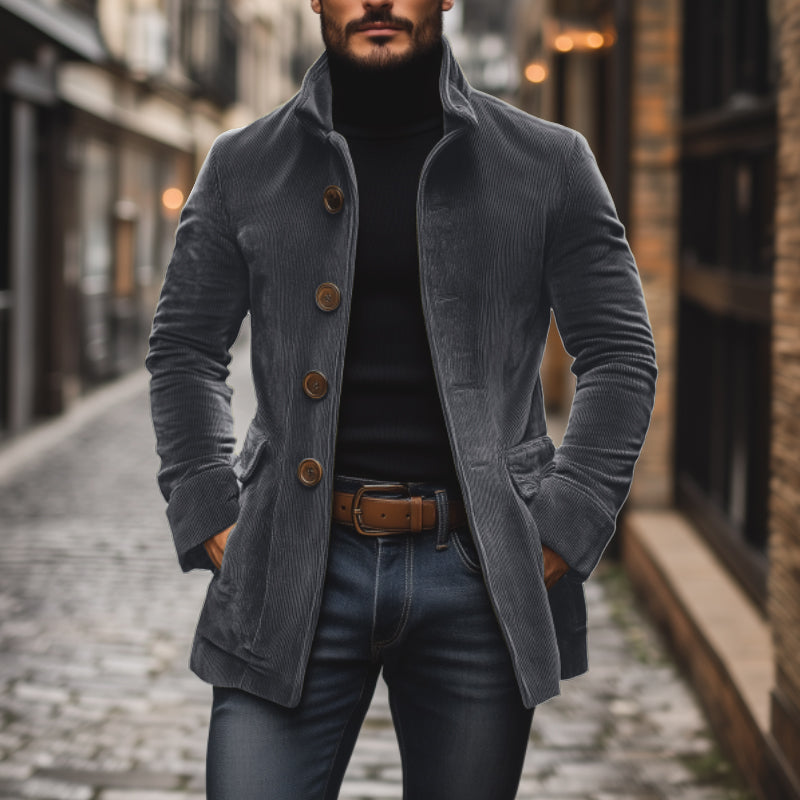 Men's Corduroy Stand Collar Jacket – Single Breasted, Slim Fit, S–3XL