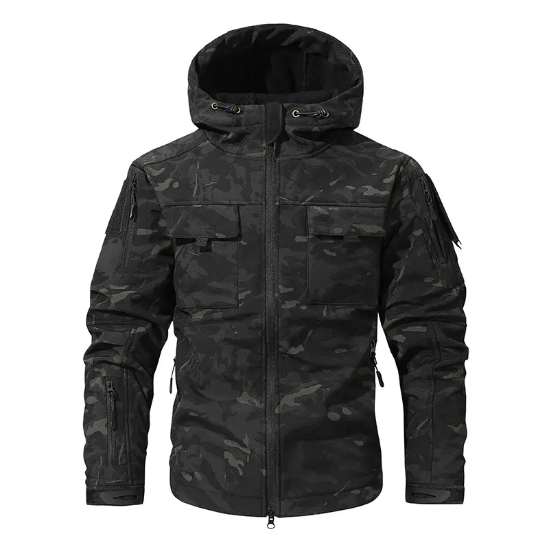 Men's Fleece-Lined Hooded Work Jacket – Water-Resistant Utility Coat with 9 Pockets