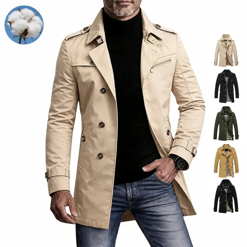 Men's Single-Breasted Long Pea Coat, Slim Fit Turn-Down Collar Overcoat