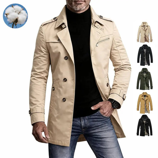 Men's Single-Breasted Long Pea Coat, Slim Fit Turn-Down Collar Overcoat