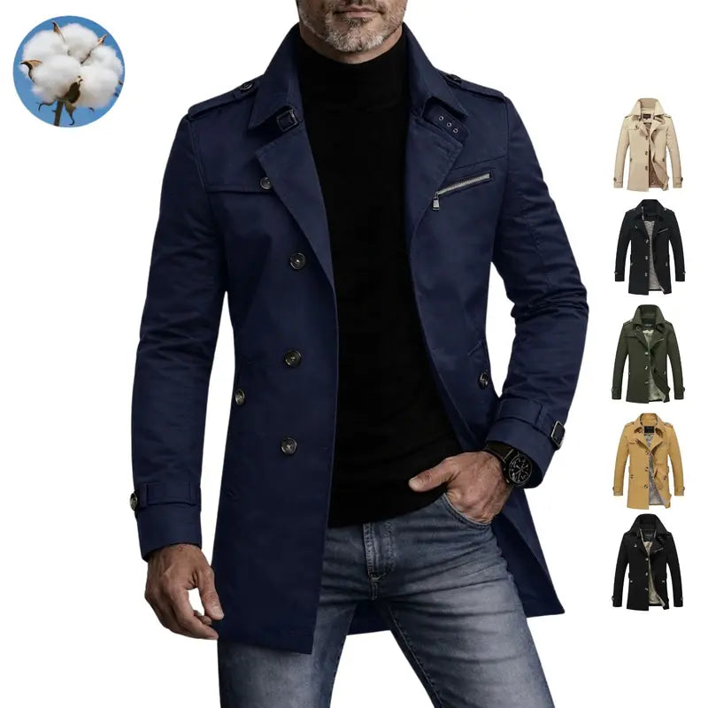 Men's Single-Breasted Long Pea Coat, Slim Fit Turn-Down Collar Overcoat