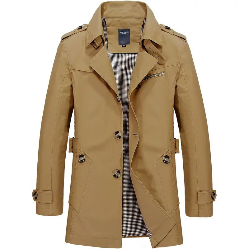 Men's Single-Breasted Long Pea Coat, Slim Fit Turn-Down Collar Overcoat