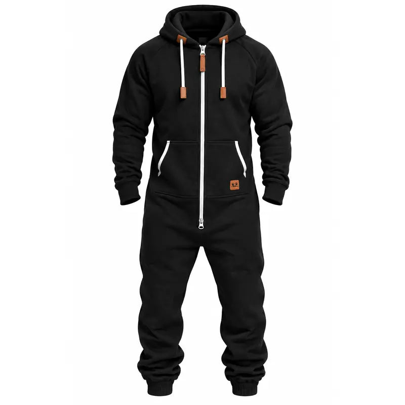 Men's Hooded Fleece Jumpsuit – Full-Zip One-Piece with Pockets, Relaxed Fit for Fall & Winter