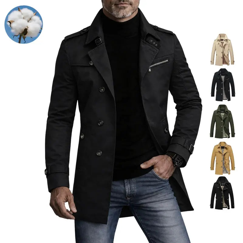 Men's Single-Breasted Long Pea Coat, Slim Fit Turn-Down Collar Overcoat