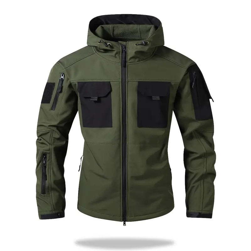 Men's Fleece-Lined Hooded Work Jacket – Water-Resistant Utility Coat with 9 Pockets