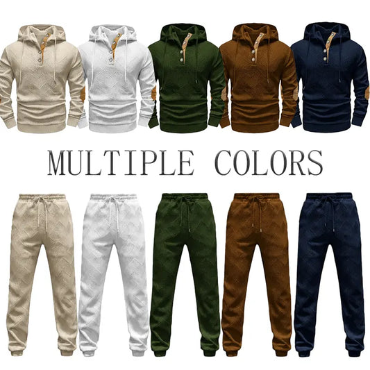 Men's Textured Knit Hooded Tracksuit Set - 2-Piece Pullover Hoodie & Drawstring Pants