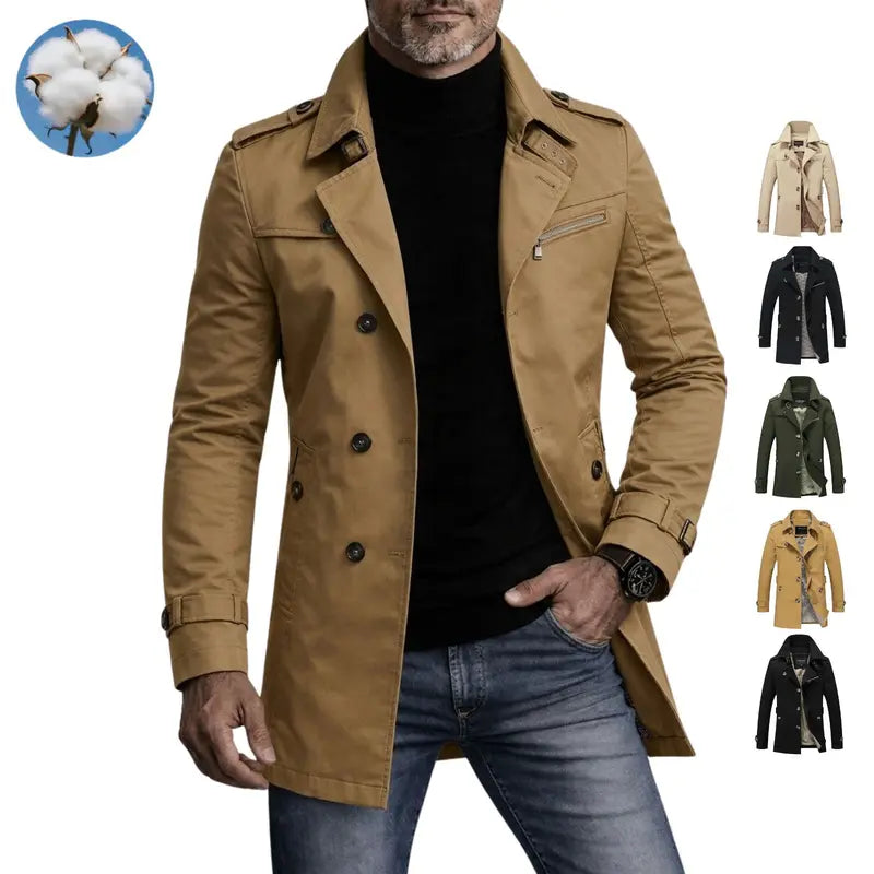 Men's Single-Breasted Long Pea Coat, Slim Fit Turn-Down Collar Overcoat