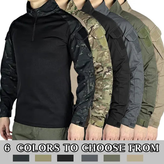 Men's Camo Half-Zip Stand Collar Long-Sleeve Top - Stretch Outdoor Layer