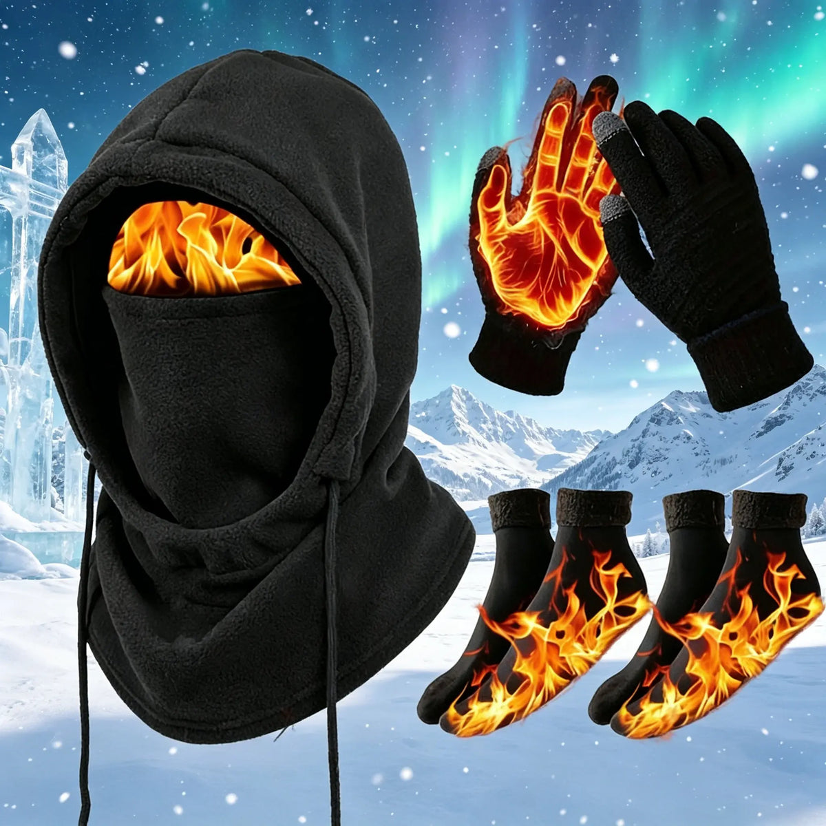 Unisex Winter Warm Set – Windproof Full-Face Mask, Touchscreen Gloves & Thermal Socks