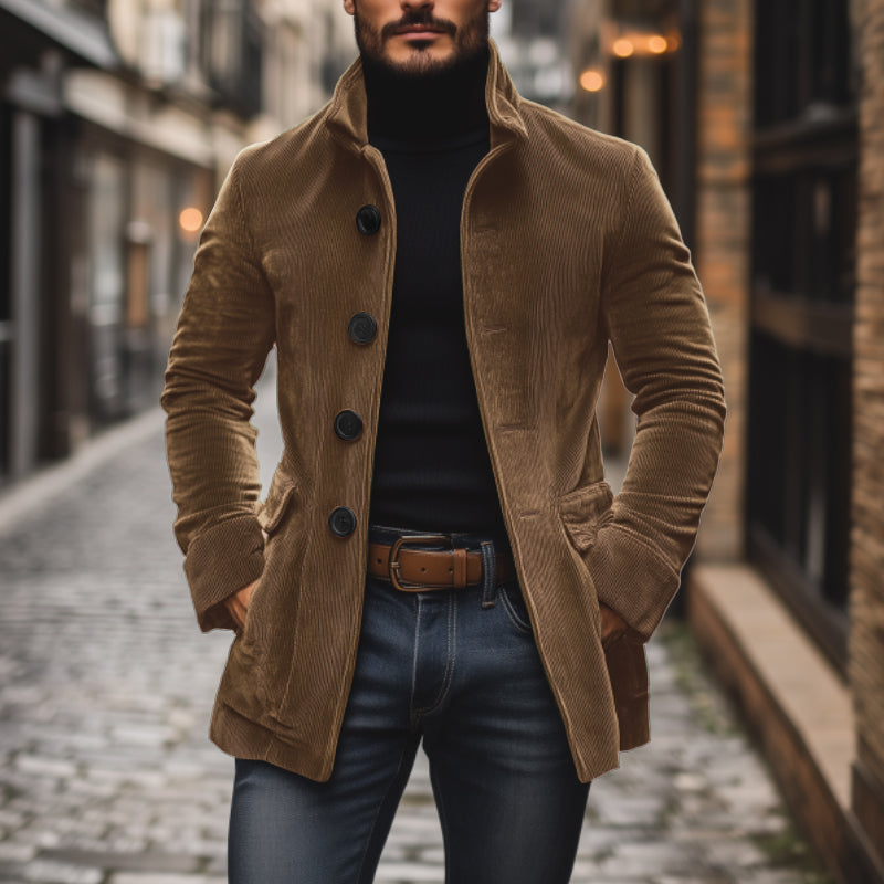 Men's Corduroy Stand Collar Jacket – Single Breasted, Slim Fit, S–3XL