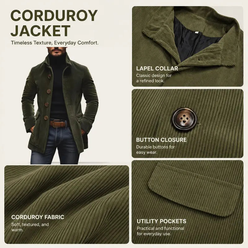 Men's Corduroy Stand Collar Jacket – Single Breasted, Slim Fit, S–3XL