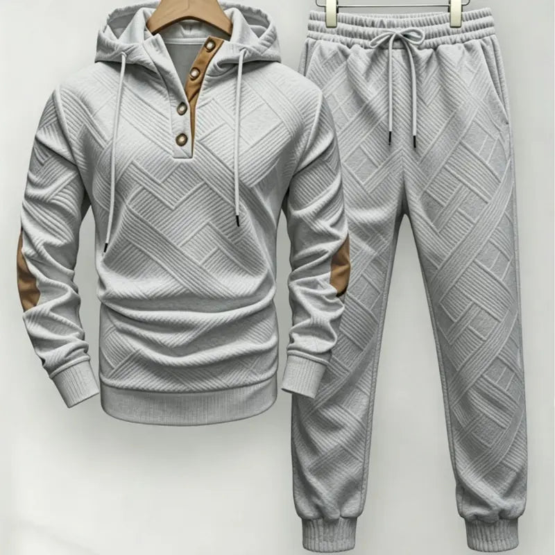 Men's Textured Knit Hooded Tracksuit Set - 2-Piece Pullover Hoodie & Drawstring Pants