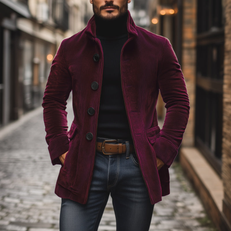 Men's Corduroy Stand Collar Jacket – Single Breasted, Slim Fit, S–3XL