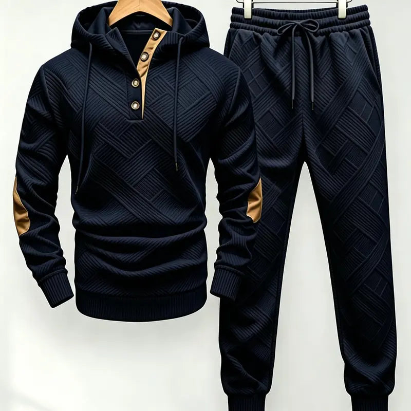 Men's Textured Knit Hooded Tracksuit Set - 2-Piece Pullover Hoodie & Drawstring Pants