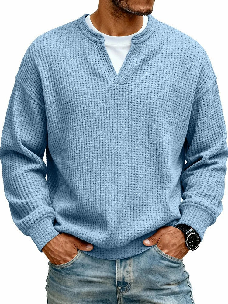 Men's Waffle Knit Long Sleeve Henley Polo Shirt – Breathable Loose Fit Casual Top
