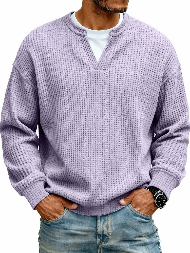 Men's Waffle Knit Long Sleeve Henley Polo Shirt – Breathable Loose Fit Casual Top