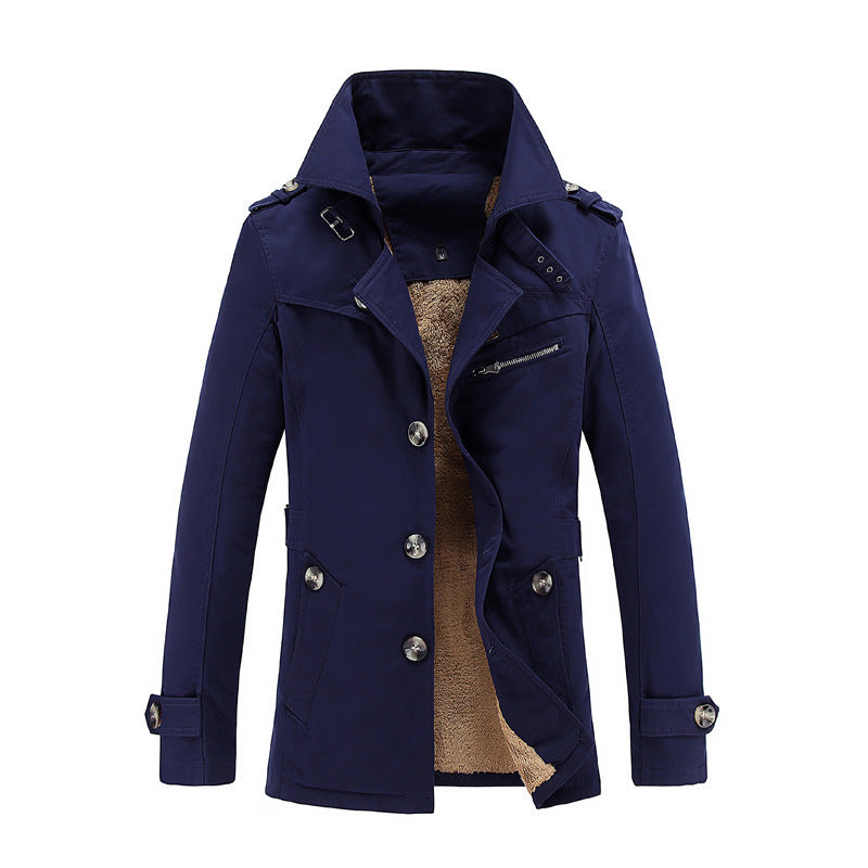 Men's Single-Breasted Long Pea Coat, Slim Fit Turn-Down Collar Overcoat