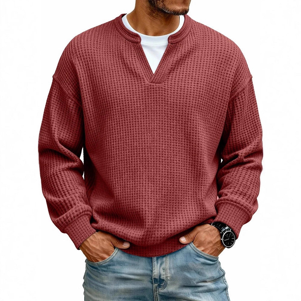 Men's Waffle Knit Long Sleeve Henley Polo Shirt – Breathable Loose Fit Casual Top