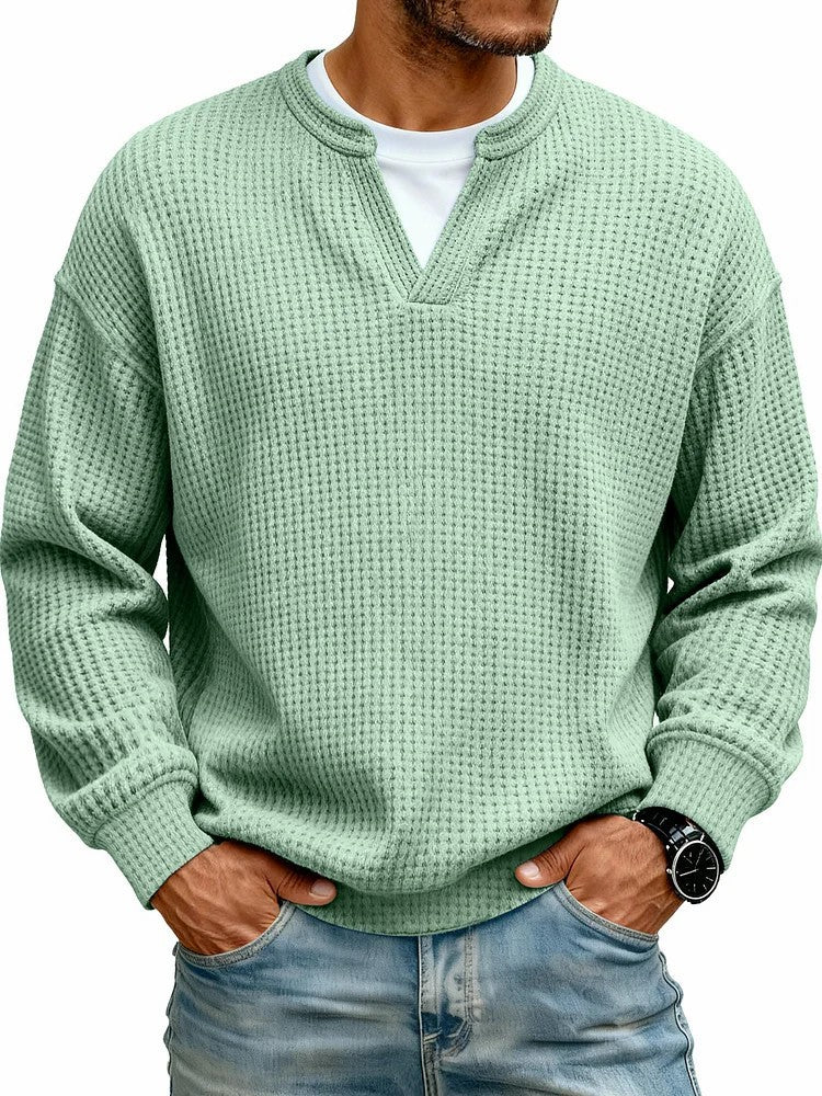 Men's Waffle Knit Long Sleeve Henley Polo Shirt – Breathable Loose Fit Casual Top