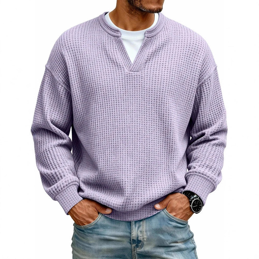 Men's Waffle Knit Long Sleeve Henley Polo Shirt – Breathable Loose Fit Casual Top