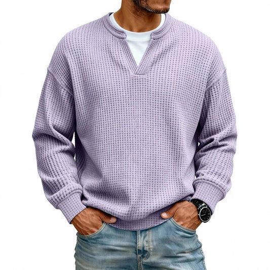 Men's Waffle Knit Long Sleeve Henley Polo Shirt – Breathable Loose Fit Casual Top