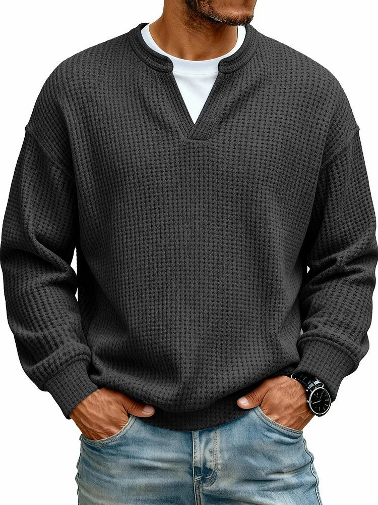 Men's Waffle Knit Long Sleeve Henley Polo Shirt – Breathable Loose Fit Casual Top