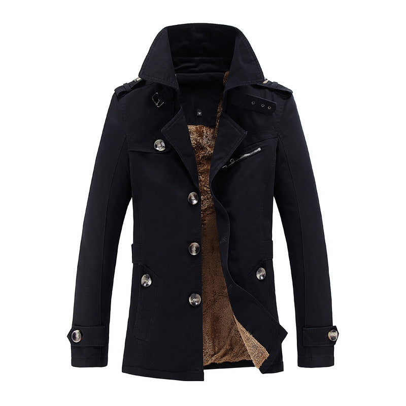 Men's Single-Breasted Long Pea Coat, Slim Fit Turn-Down Collar Overcoat