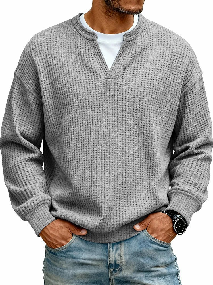 Men's Waffle Knit Long Sleeve Henley Polo Shirt – Breathable Loose Fit Casual Top