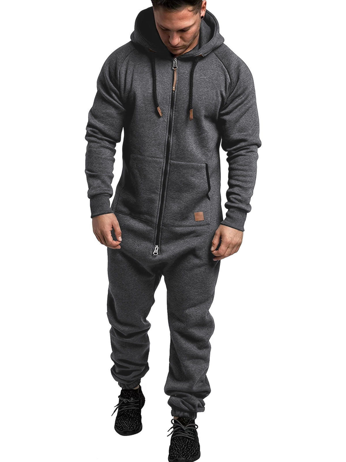 Men's Hooded Fleece Jumpsuit – Full-Zip One-Piece with Pockets, Relaxed Fit for Fall & Winter