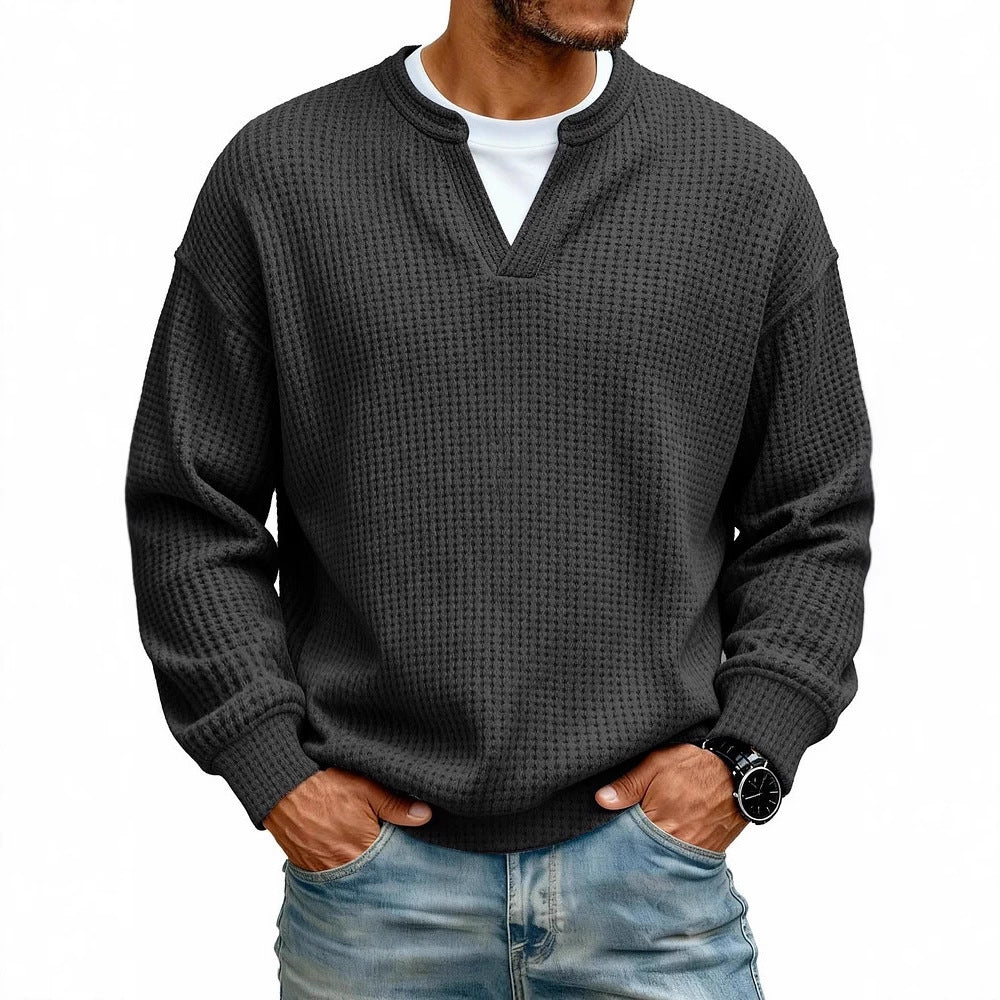 Men's Waffle Knit Long Sleeve Henley Polo Shirt – Breathable Loose Fit Casual Top