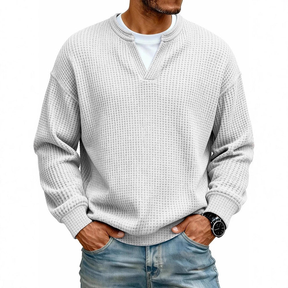Men's Waffle Knit Long Sleeve Henley Polo Shirt – Breathable Loose Fit Casual Top