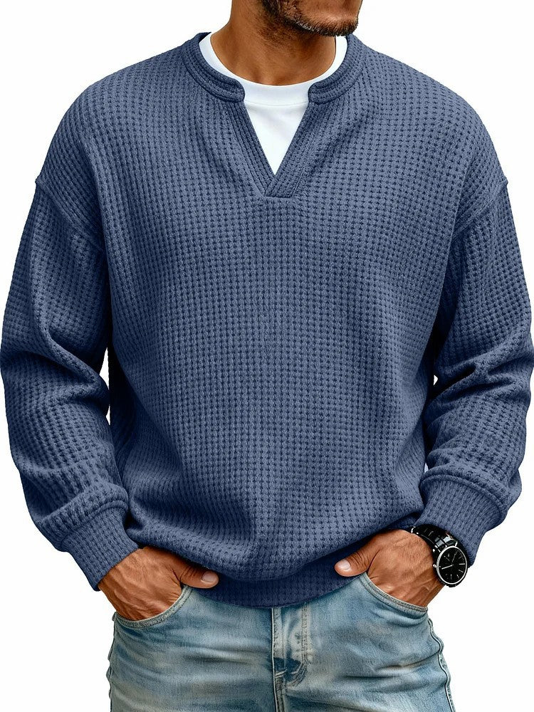 Men's Waffle Knit Long Sleeve Henley Polo Shirt – Breathable Loose Fit Casual Top