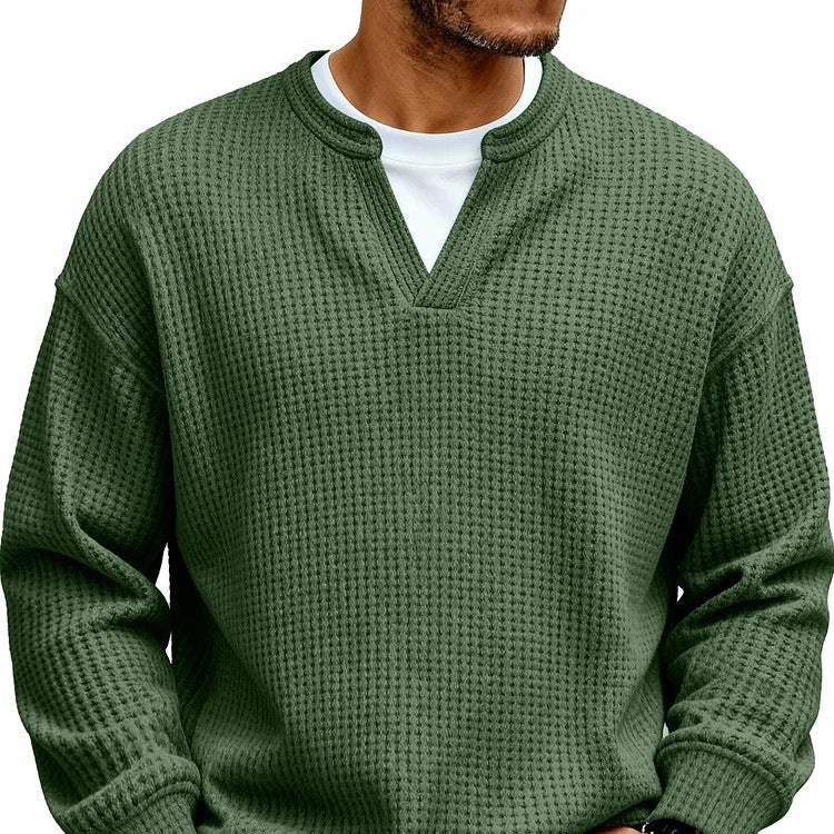 Men's Waffle Knit Long Sleeve Henley Polo Shirt – Breathable Loose Fit Casual Top