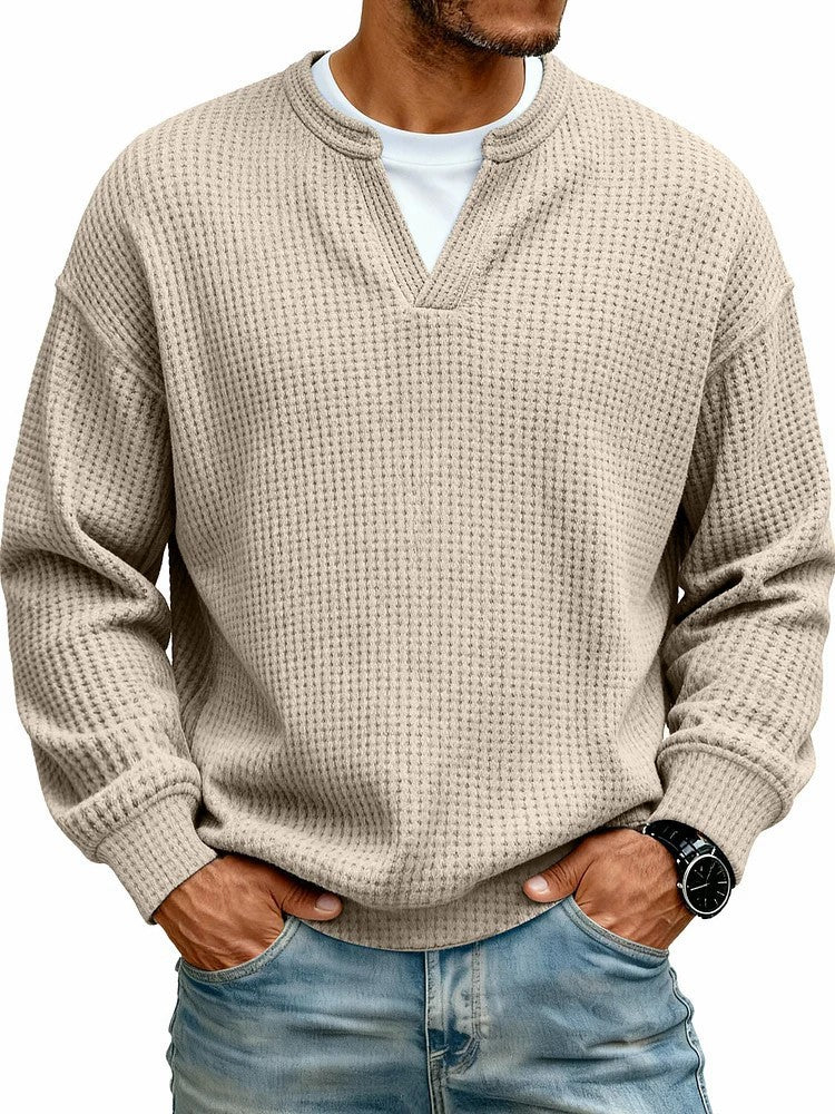 Men's Waffle Knit Long Sleeve Henley Polo Shirt – Breathable Loose Fit Casual Top