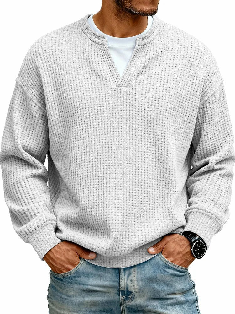 Men's Waffle Knit Long Sleeve Henley Polo Shirt – Breathable Loose Fit Casual Top