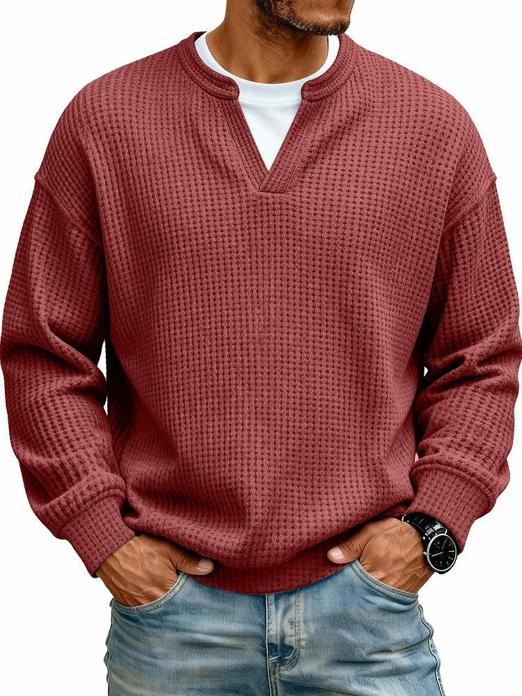 Men's Waffle Knit Long Sleeve Henley Polo Shirt – Breathable Loose Fit Casual Top