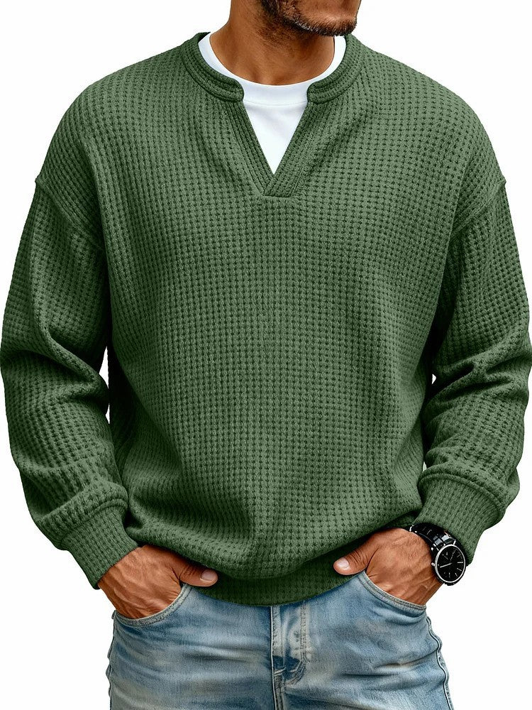 Men's Waffle Knit Long Sleeve Henley Polo Shirt – Breathable Loose Fit Casual Top