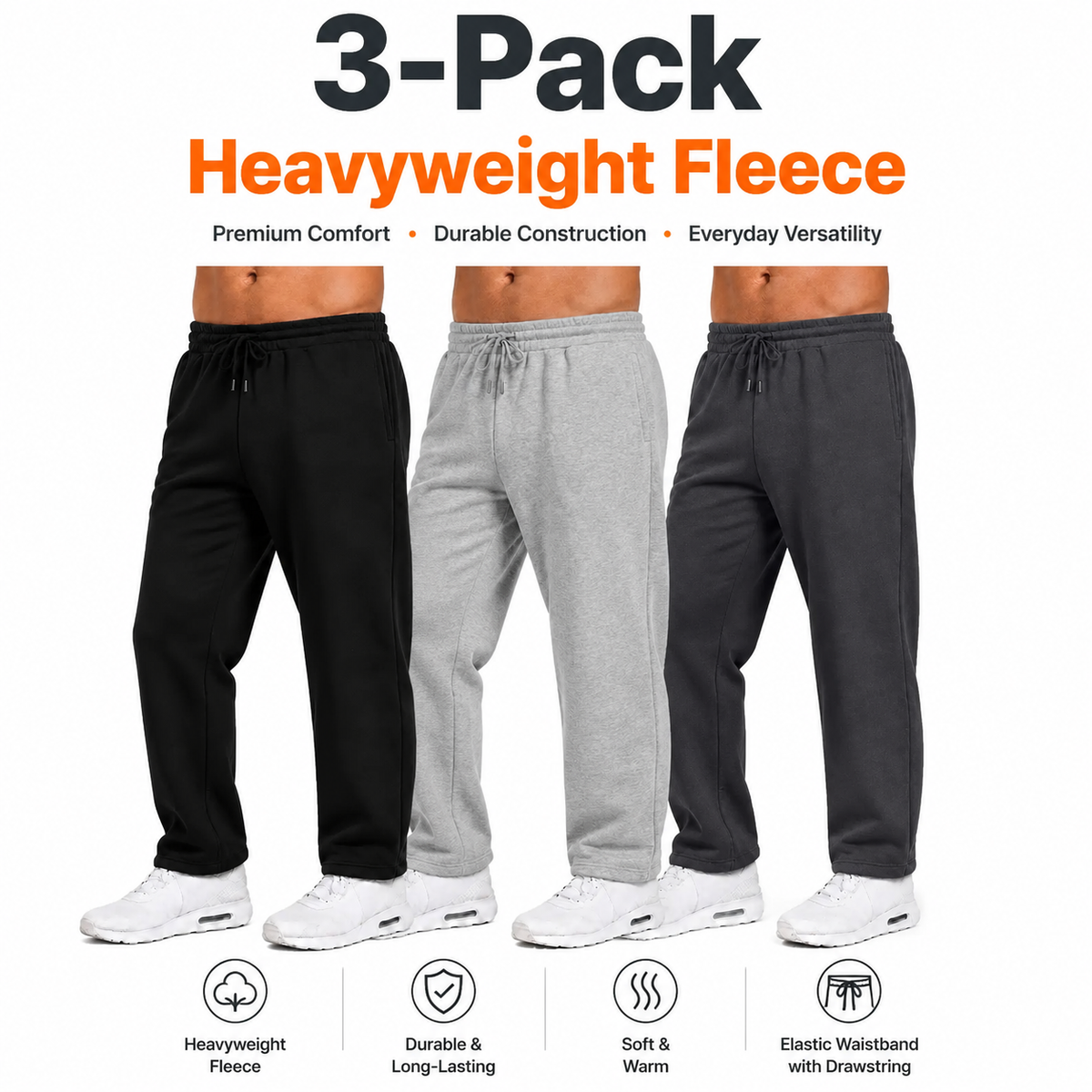 Men's Heavyweight Fleece Sweatpants 3-Pack Open Bottom Comfortable Fit